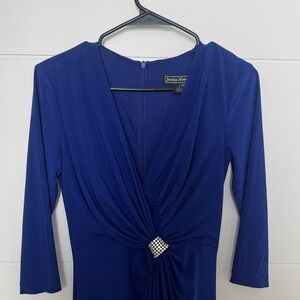 Jessica Howard Cobalt Blue V-Neck Draped Dress with Rhinestone Accent